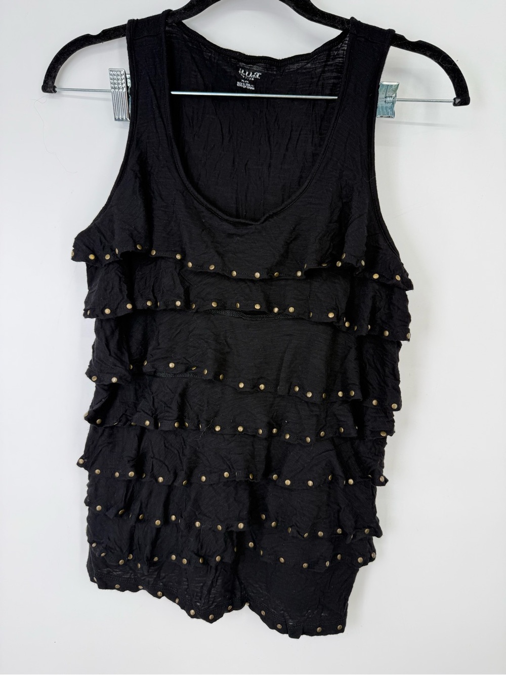 Vintage ANA Women’s Black Ruffled Tank Top with Stud Accents Med Petite